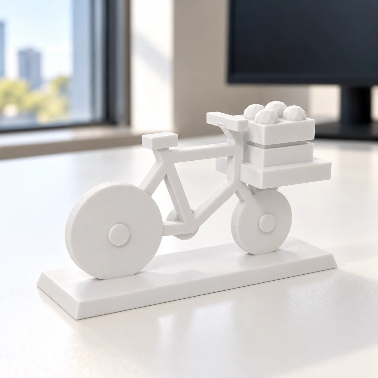 Bicicleta de entrega de pão em PLA branco, sobre a mesa