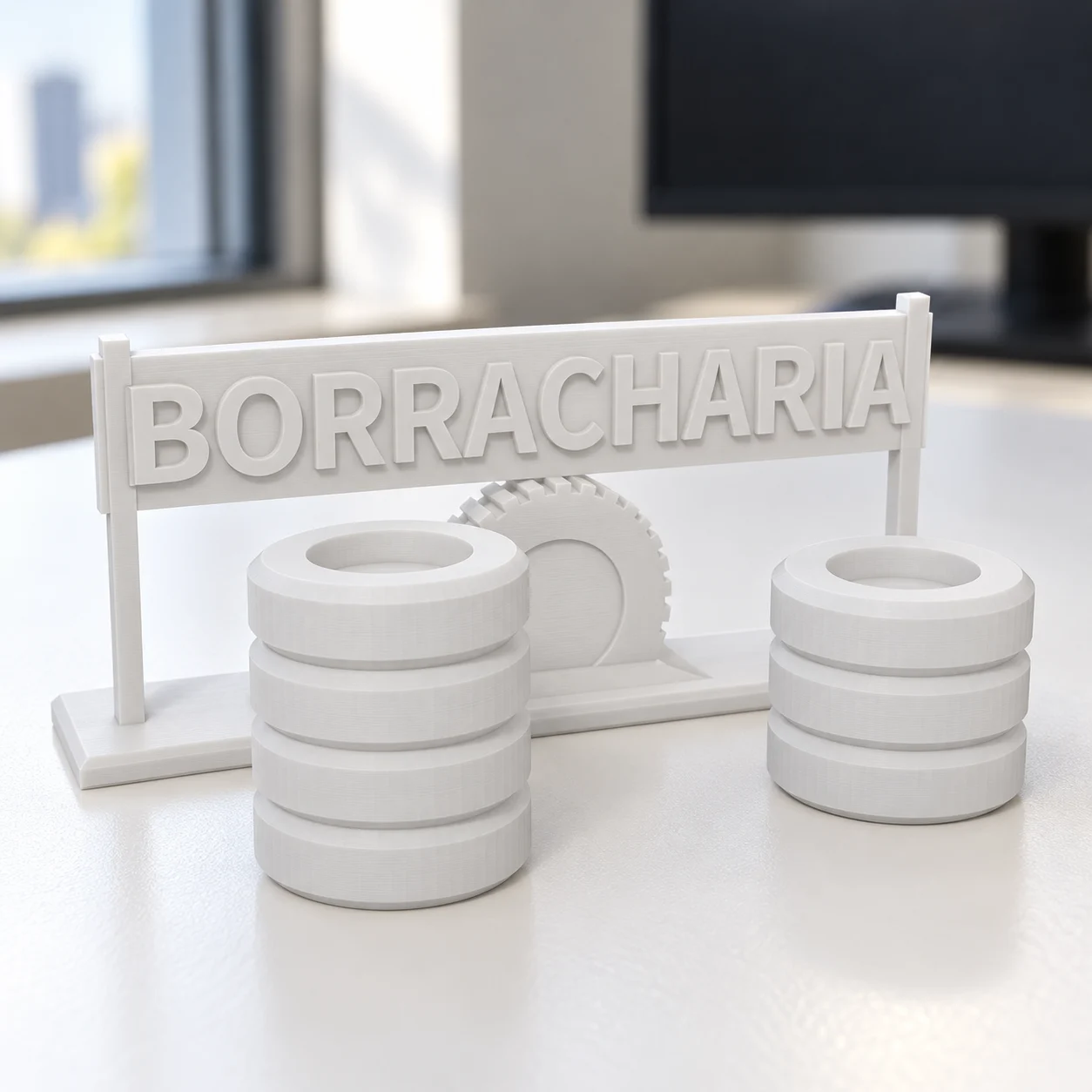 Pneu-placa 'BORRACHARIA' e pilhas de pneus em PLA branco, sobre a mesa