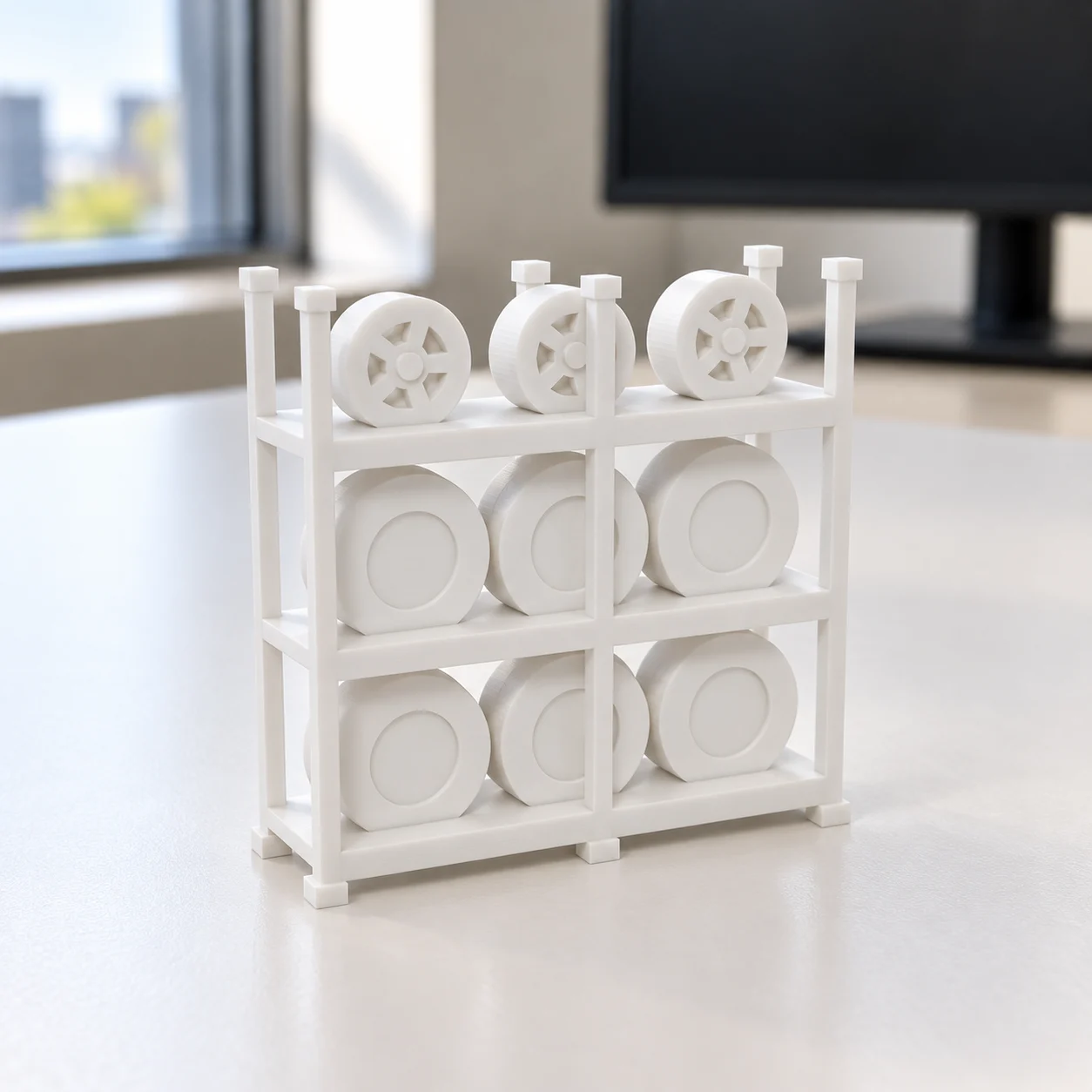 Rack de pneus e rodas em PLA branco, sobre a mesa