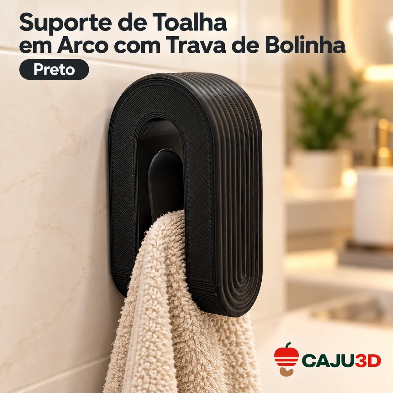 Suporte de Toalha em Arco com Trava de Bolinha: foto na cor Preto (foto ilustrativa criada com IA)