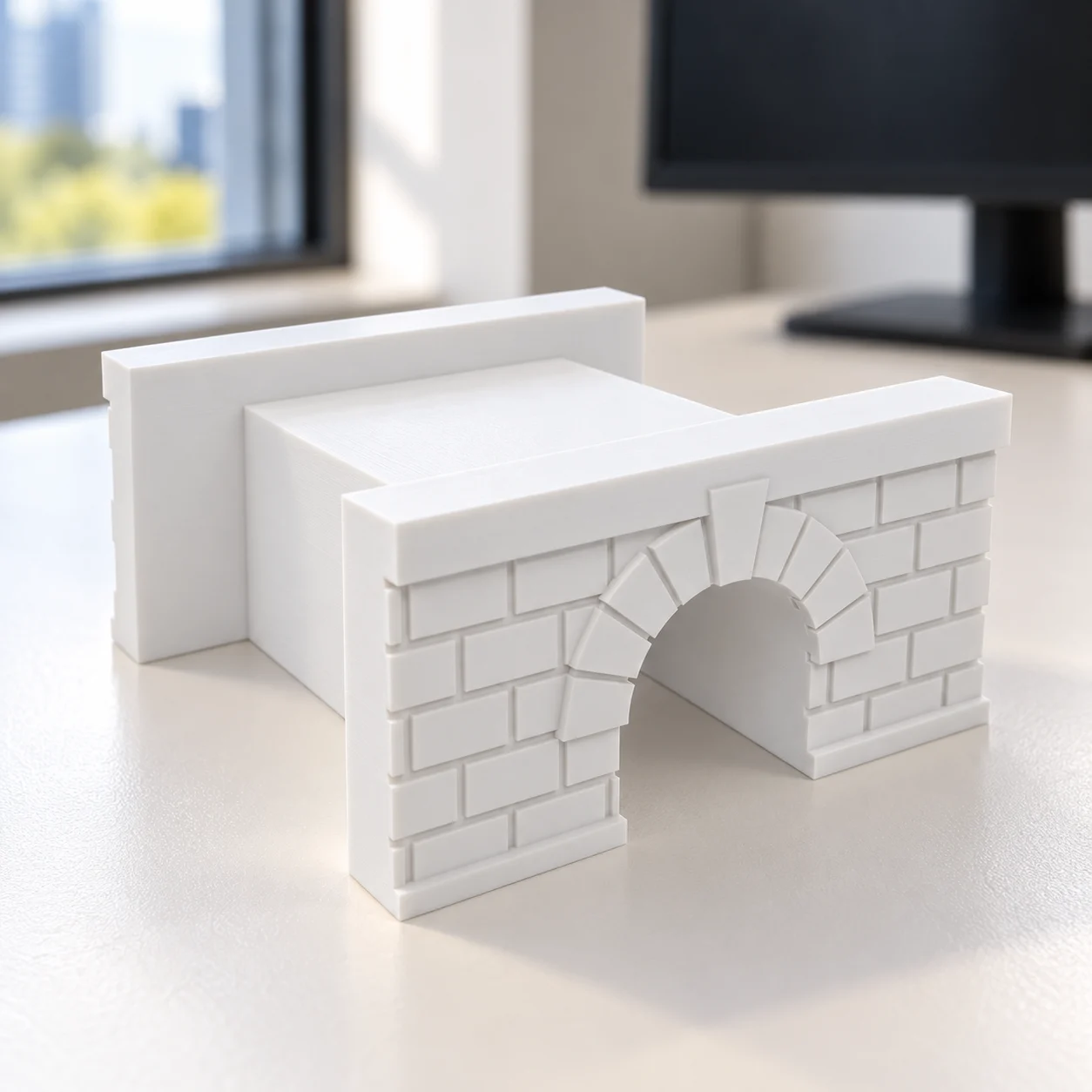 Bueiro / galeria sob a linha em PLA branco, sobre a mesa