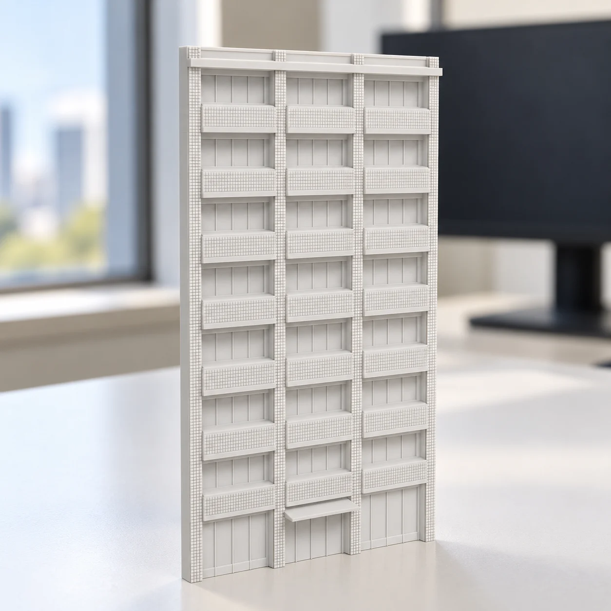 Edifício anos 70 com pastilhas (fachada) em PLA branco, sobre a mesa