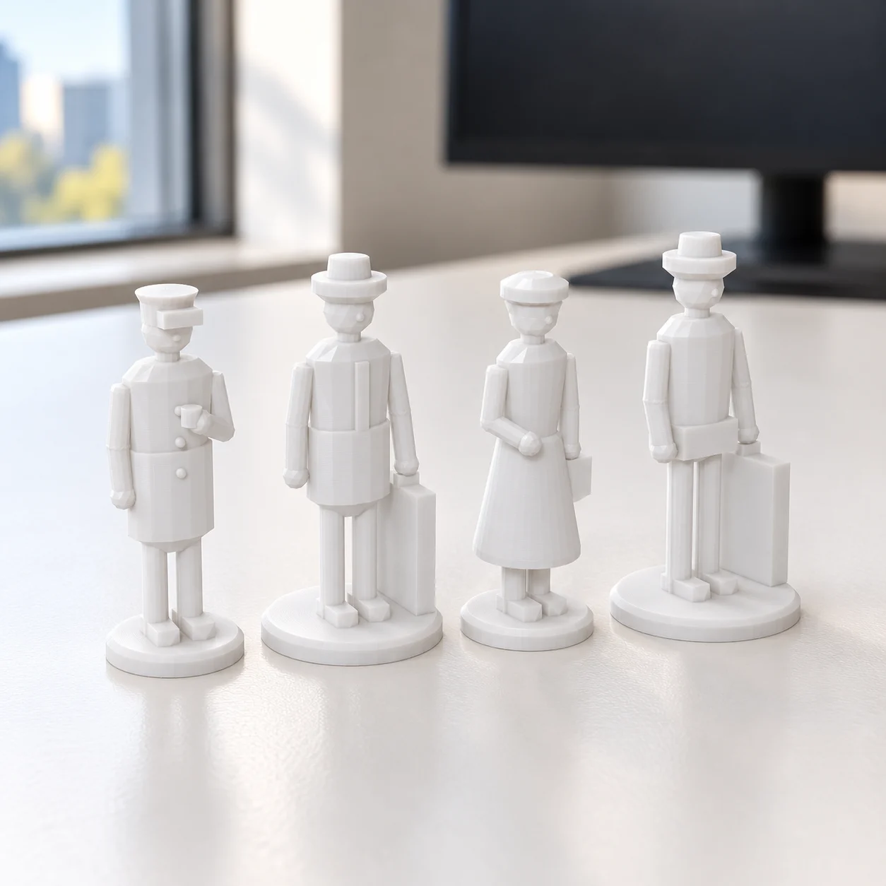 Chefe de estação e passageiros anos 50 (figuras) em PLA branco, sobre a mesa