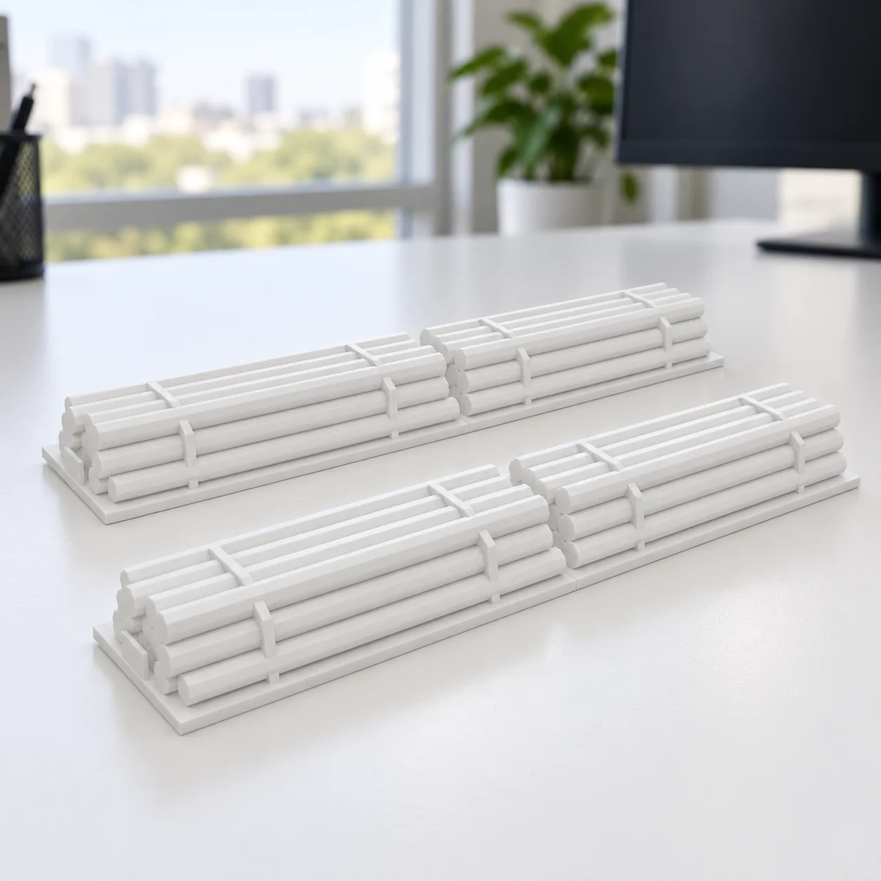 Carga: toras de eucalipto (inserto) em PLA branco, sobre a mesa
